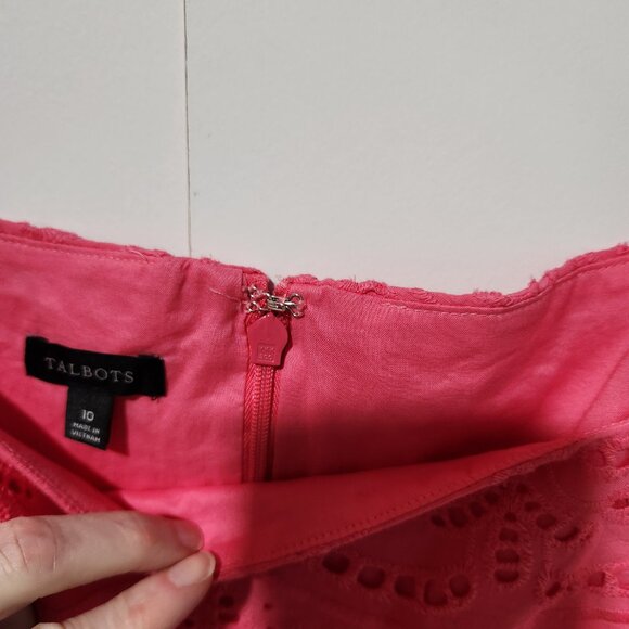 Talbots Cap Sleeves Colorful Bright Pink Cotton Eyelet Feminine Dress Size 10 - Picture 3 of 9